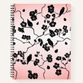 Zwart op roze patroonvogels en Cherry Blossom Notitieboek (Voorkant)