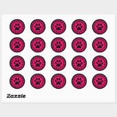 Zwart op roze paw afdrukken ronde sticker (Vel)