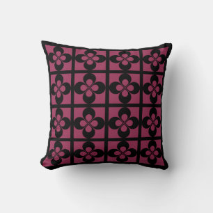 Zwart op Sangria Roze Geometrisch Bloemmotief Kussen