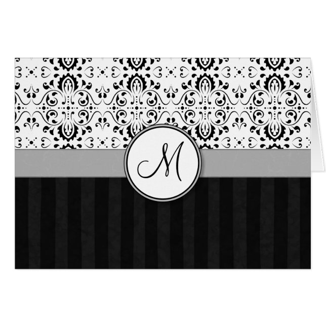 Zwart op White Damask en Stripes met Monogram (Voorkant Horizontaal)