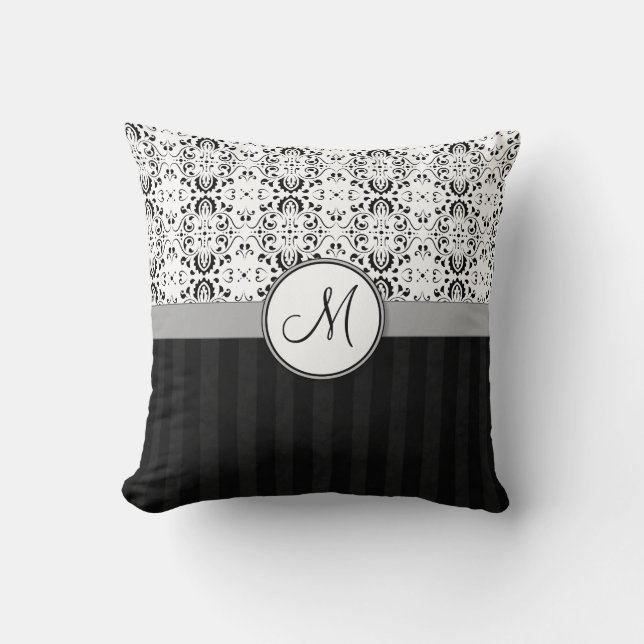 Zwart op White Damask en Stripes met Monogram Kussen (Voorkant)