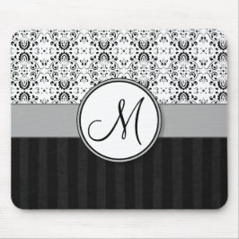 Zwart op White Damask en Stripes met Monogram Muismat