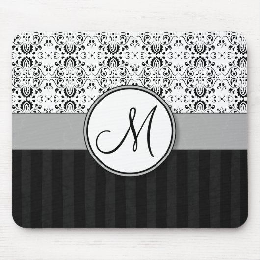 Zwart op White Damask en Stripes met Monogram Muismat (Voorkant)