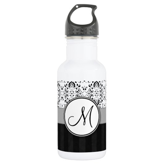 Zwart op White Damask en Stripes met Monogram Waterfles (Voorkant)
