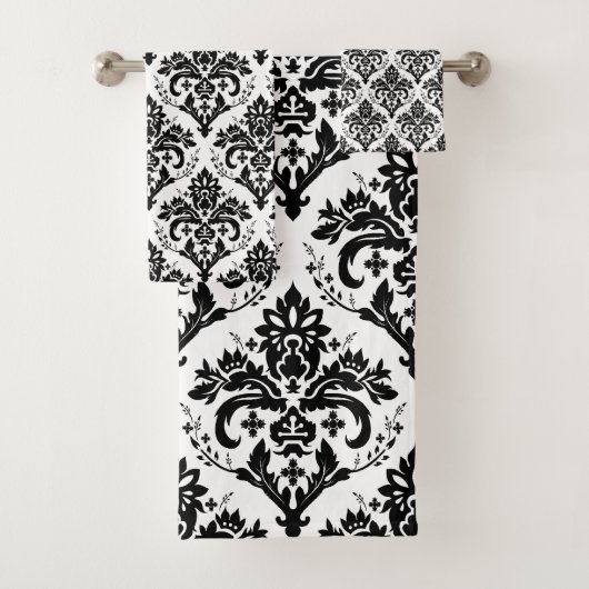 Zwart op White Damask Pattern Bad Handdoek (Insitu)