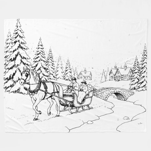 Zwart op wit, Christmas Horse Drawn Sleigh Scene Fleece Deken (Voorkant (Horizontaal))