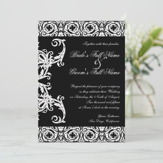 Zwart op wit cirkel Damask bruiloft uitnodigingen (Staand voorkant)