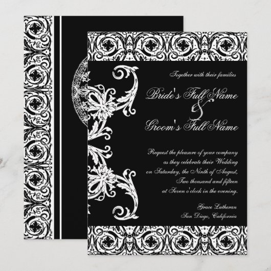 Zwart op wit cirkel Damask bruiloft uitnodigingen (Voorkant / Achterkant)