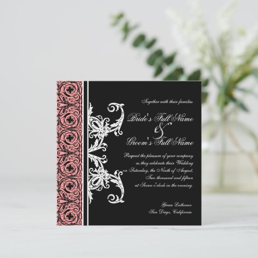 Zwart op wit cirkel Damask bruiloft uitnodigingen (Staand voorkant)