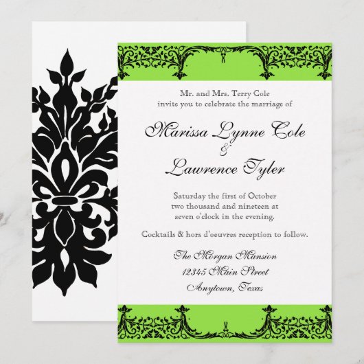 Zwart op wit Fleur de Lis Damask bruiloft Kaart (Voorkant / Achterkant)