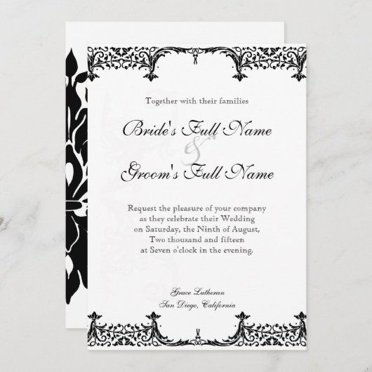 Zwart op wit Fleur de Lis Damask bruiloft Kaart (Voorkant / Achterkant)