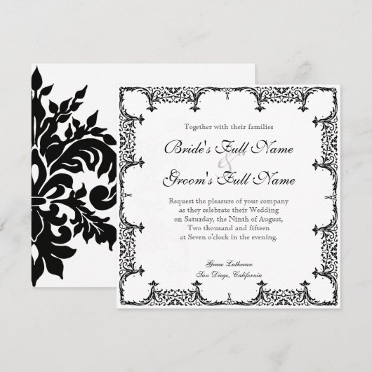Zwart op wit Fleur de Lis Damask bruiloft Kaart (Voorkant / Achterkant)