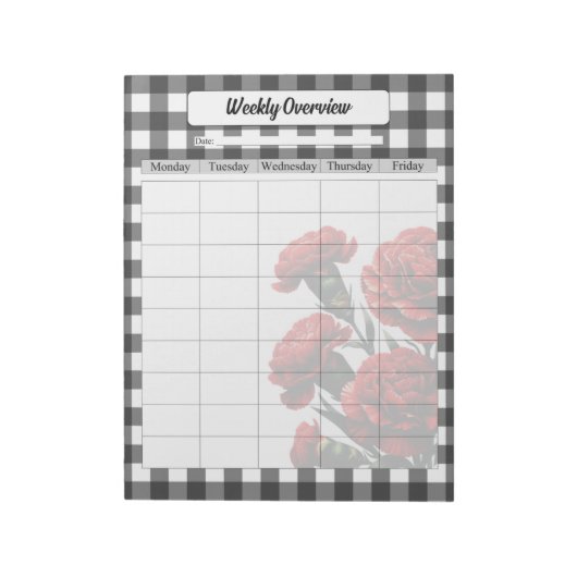 Zwart op wit Floral Gingham_ Wekelijks overzicht Notitieblok (Linkerzijde)