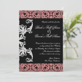 Zwart op wit kroonluchter damast bruiloft uitnodig kaart (Staand voorkant)