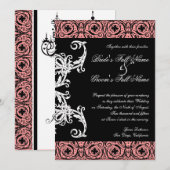 Zwart op wit kroonluchter damast bruiloft uitnodig kaart (Voorkant / Achterkant)
