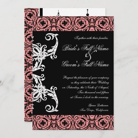 Zwart op wit kroonluchter damast bruiloft uitnodig kaart (Voorkant / Achterkant)