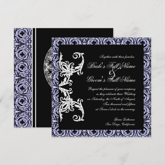 Zwart op wit lavendel cirkel damast bruiloft kaart (Voorkant / Achterkant)