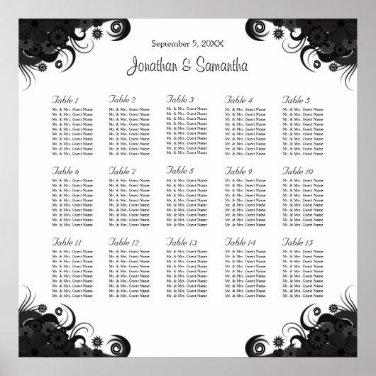 Zwart op witbruiloft 15 tafels Zitplaatsen Poster (Voorkant)