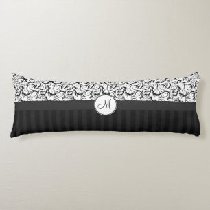Zwart op Witte Floral Curls, Stripes en Monogram Lichaamskussen