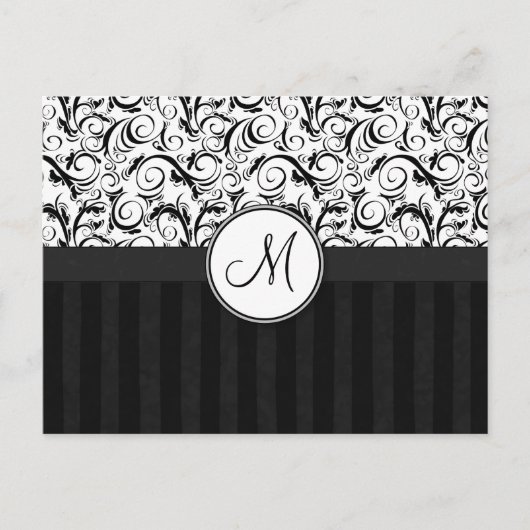 Zwart op witte Floral Wisps, Stripes en Monogram Briefkaart (Voorkant)
