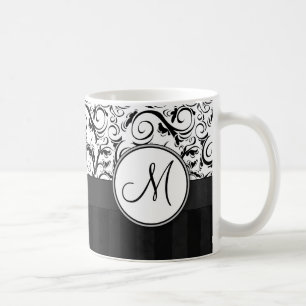 Zwart op witte Floral Wisps, Stripes en Monogram Koffiemok