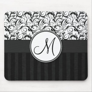 Zwart op witte Floral Wisps, Stripes en Monogram Muismat