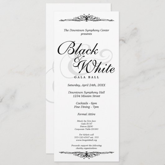 Zwart op witte gala ball danslangwerpig bedrijf kaart (Voorkant / Achterkant)