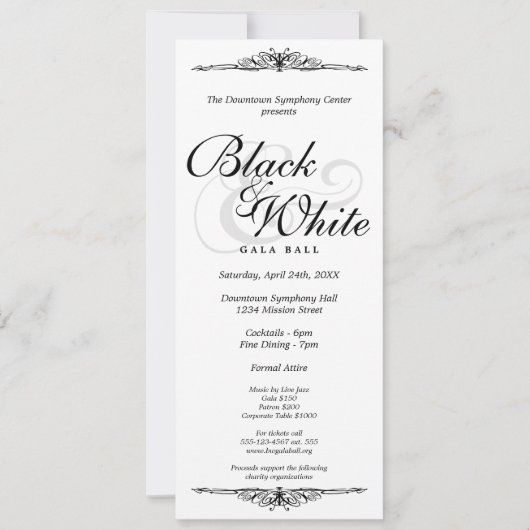 Zwart op witte gala ball danslangwerpig bedrijf kaart (Voorkant)