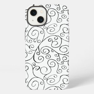 Zwart op witte handgeschilderde kromlijnige patroo iPhone 13 hoesje