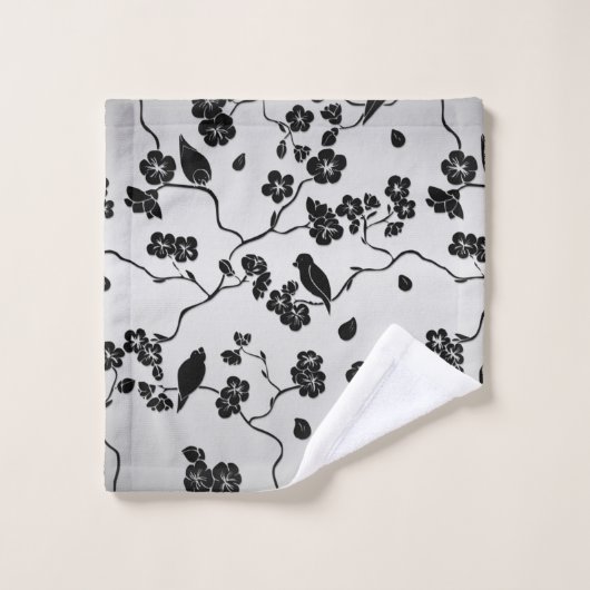Zwart op zilveren patroonvogels en Cherry Blossom Bad Handdoek (Wasdoekje)