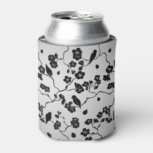 Zwart op zilveren patroonvogels en Cherry Blossom Blikjeskoeler (Blikje Voorkant)