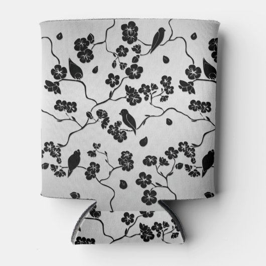 Zwart op zilveren patroonvogels en Cherry Blossom Blikjeskoeler (Voorkant)