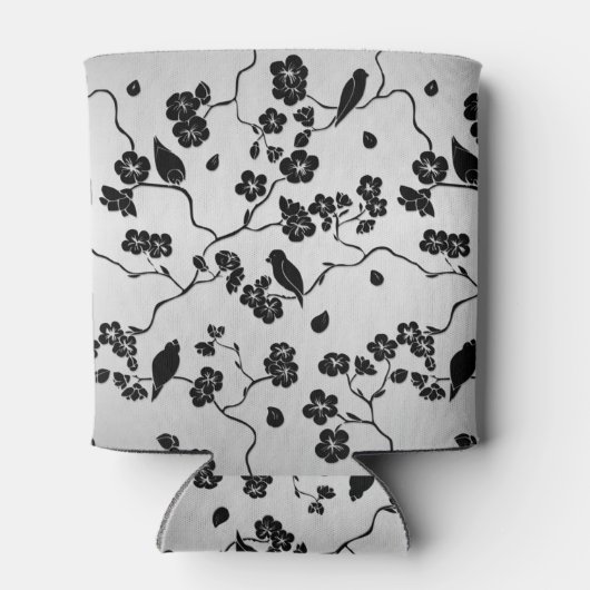 Zwart op zilveren patroonvogels en Cherry Blossom Blikjeskoeler (Achterkant)
