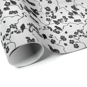 Zwart op zilveren patroonvogels en Cherry Blossom Cadeaupapier