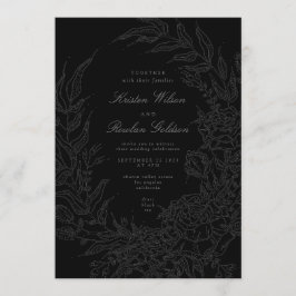 Zwart op zwart Bloemenkrans Wedding QR Code Kaart