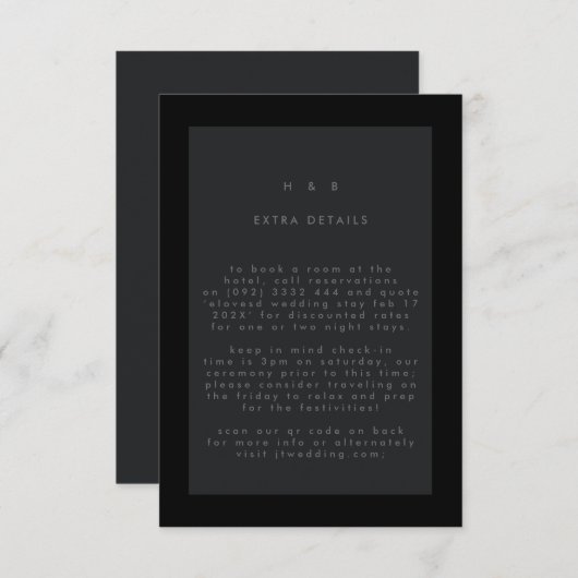 Zwart op zwart Modern Minimalistisch QR CODE Wedde RSVP Kaartje (Voorkant / Achterkant)