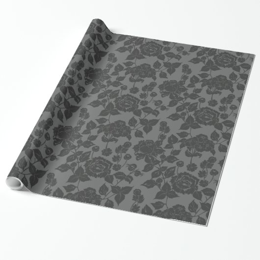 Zwart op zwart Roos Damask Floral Cadeaupapier (Uitgerold)