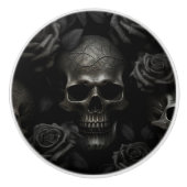 Zwart op zwarte schedel & Rozen Gotisch ontwerp Keramische Knop (Voorkant)