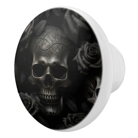 Zwart op zwarte schedel & Rozen Gotisch ontwerp Keramische Knop (Rechts)