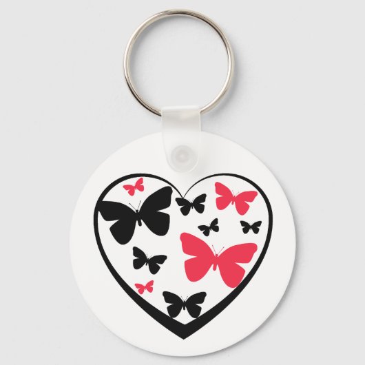 Zwart open hart met rode en zwarte vlinders sleutelhanger (Voorkant)