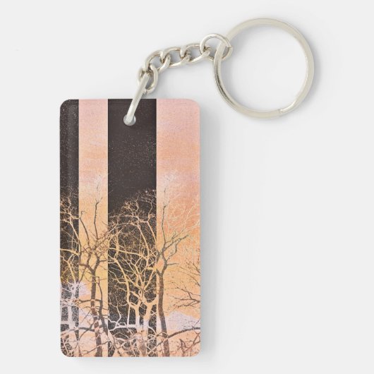 Zwart oranje boomstammen vertakken digitale kunst sleutelhanger (achterkant)