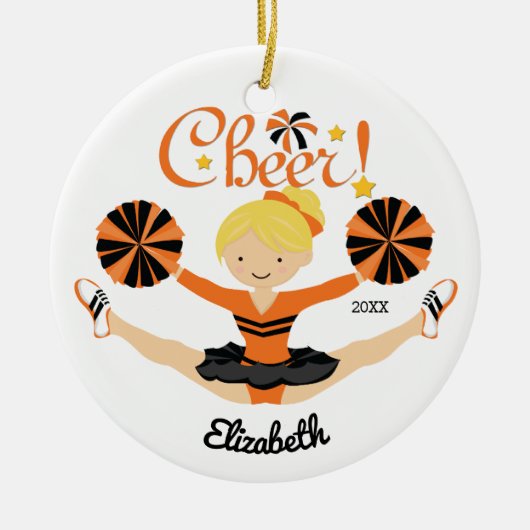 Zwart-Oranje Cheer Blonde Cheerleader Ornament (Voorkant)