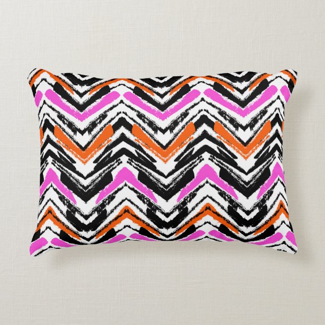Zwart, Oranje en roze hand getekend Chevron Patter Decoratief Kussen (Voorkant)