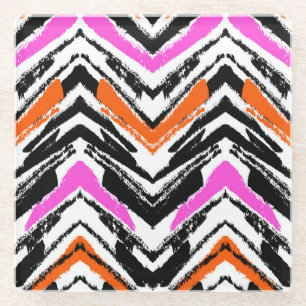 Zwart, Oranje en roze hand getekend Chevron Patter Glazen Onderzetter