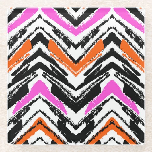 Zwart, Oranje en roze hand getekend Chevron Patter Glazen Onderzetter (Voorkant)