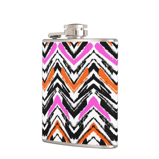 Zwart, Oranje en roze hand getekend Chevron Patter Heupfles (Links)