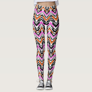 Zwart, Oranje en roze hand getekend Chevron Patter Leggings