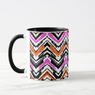 Zwart, Oranje en roze hand getekend Chevron Patter Mok