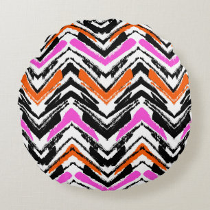 Zwart, Oranje en roze hand getekend Chevron Patter Rond Kussen