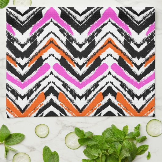 Zwart, Oranje en roze hand getekend Chevron Patter Theedoek (Gevouwen)